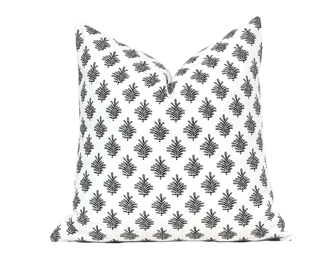 Block Print Pillow Cover Floral Pillow in Black and White Throw Pillow Cover Modern Neutral Pillo... | Etsy (US)
