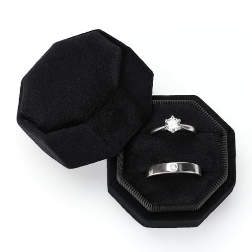 Etercycle Velvet Ring Box, Octagon Gorgeous Vintage Double Jewelry Ring Gift Box with Detachable Lid for Proposal Engagement Wedding Ceremony (Black) | Amazon (US)