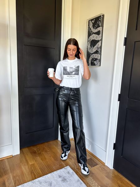 LTK in app sale items! Love these black vegan leather cargo pants - the fit is great, runs TTS, and they have lots of stretch. Also love these in the olive color! Wearing a 27 Long! The tshirt is also really cute and comfy, I sized up to a medium in that. 

#LTKstyletip #LTKsalealert #LTKfindsunder50