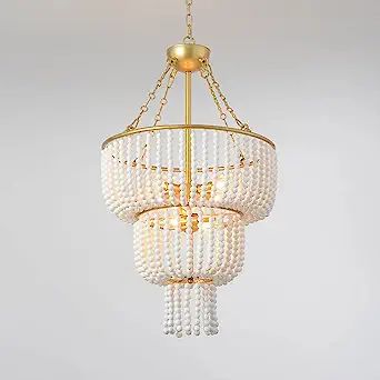 LOVEDIMA Gold Pendant Hanging Light,2-Tier Metal Ring Frame White Ceramic Beads Ceiling Chandelie... | Amazon (US)
