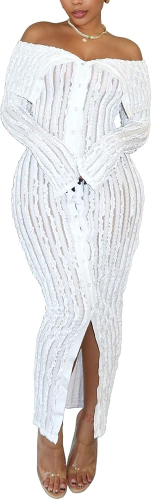 Sexy Button Down Dresses for Women Date Night Off Shoulder See Through Mesh Ruffle Bodycon Maxi D... | Amazon (US)