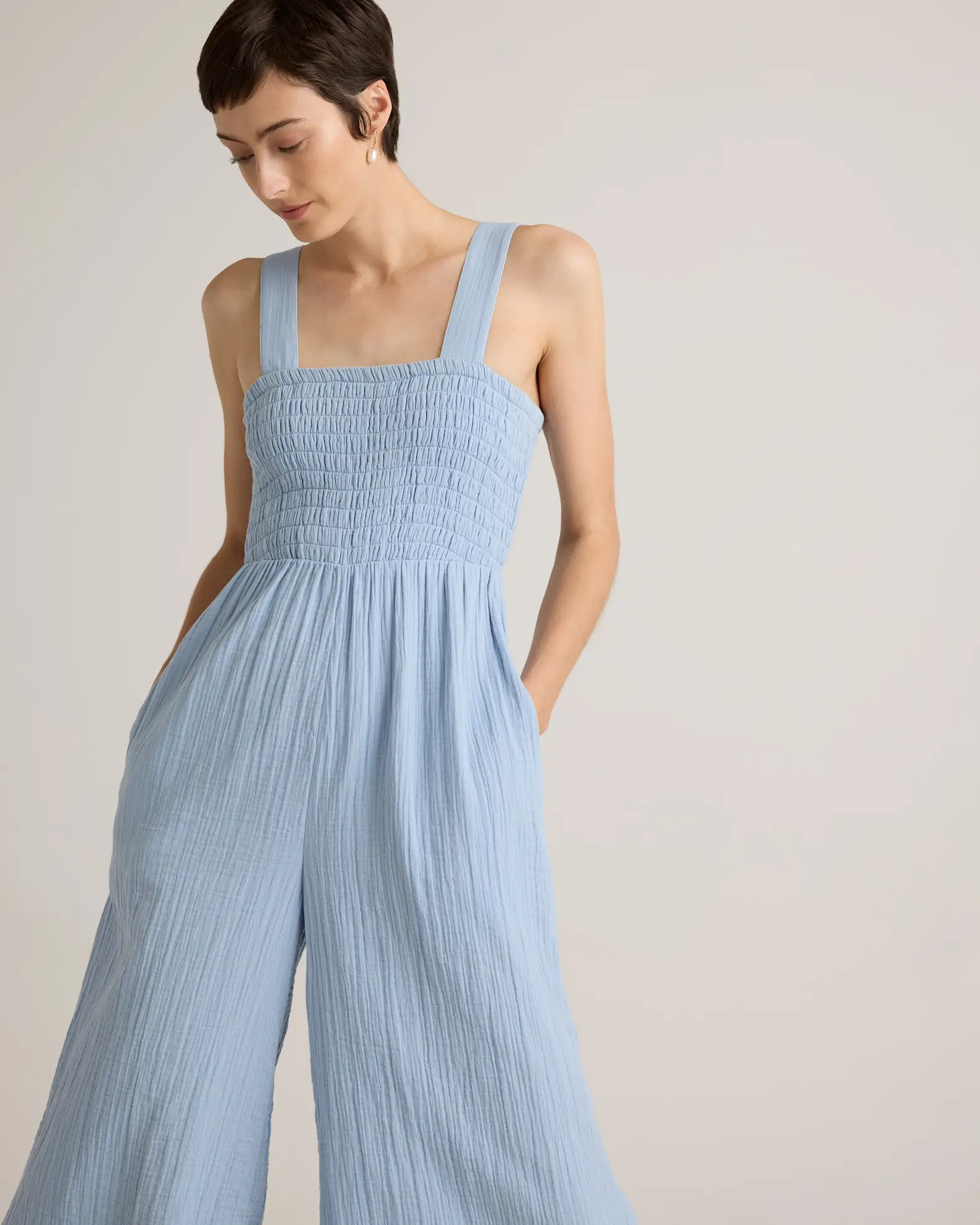 100% Organic Cotton Gauze Smocked Wide Leg Jumpsuit in Ocean Breeze | Quince