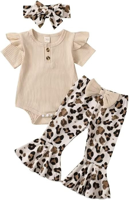 Baby Girl Clothes Infant Rib Button Short Sleeve Romper Leopard Flared Pants Headband Summer Clot... | Amazon (US)