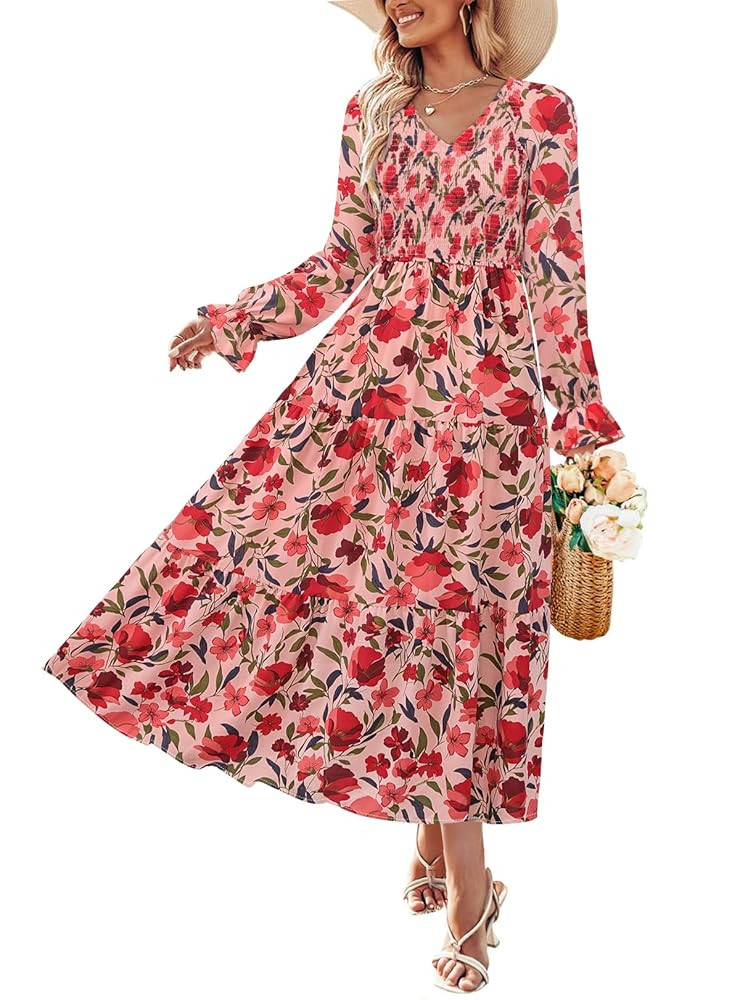ZESICA Women's Fall Long Sleeve Floral Boho Dress 2025 Casual V Neck A-Line Flowy Wedding Guest M... | Amazon (US)