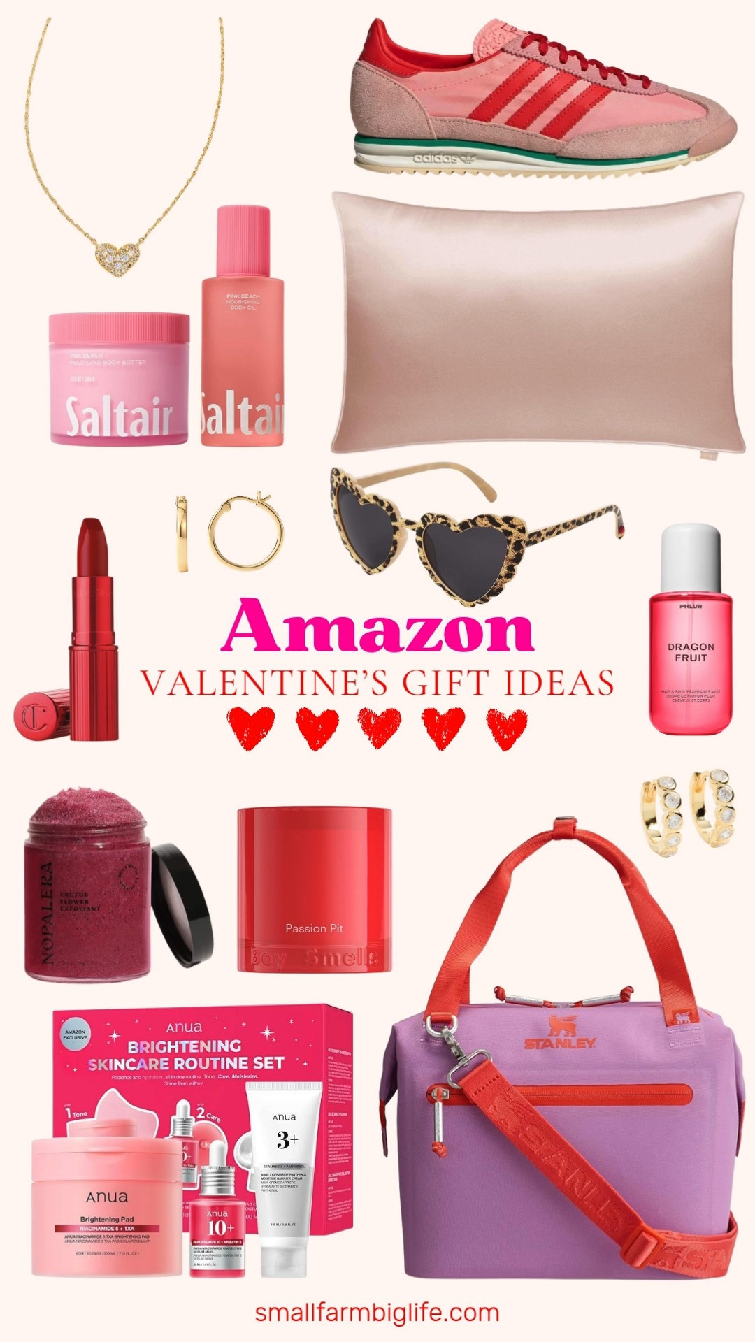 Valentine’s gifting, but make it chic 💕✨ From a pink silk pillowcase and pink adidas sneakers to a gold heart necklace, hoop earrings, and leopard heart shaped sunnies, these Amazon finds are fun, thoughtful, and actually usable. Finished with beauty favorites like SaltAir body set, red lipstick, perfume, skincare sets, candles, and a Stanley cooler bag for the ultimate mix of cozy + cool 💝 

 #LTKSeasonal