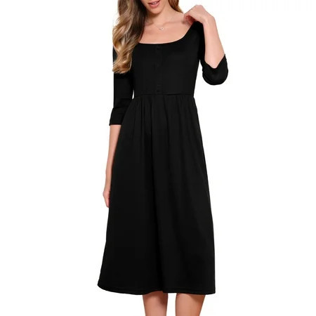 DARING DIVA Women s Casual Midi 3/4 Sleeves Square Neckline Dress M Black | Walmart (US)