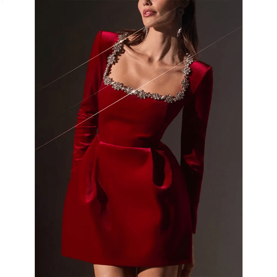 $54.15-40%$90.26HAZELINERT Trendix Velvet Diamond Studded Dress 2025 Fashion Slim Square Collar M... | SHEIN
