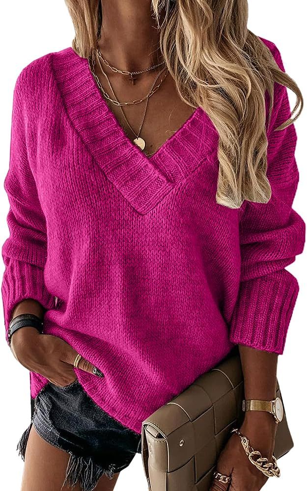EVALESS Oversized Sweaters for Women Sexy Deep V Neck Long Sleeve Cable Knit Sweater Loose Jumper... | Amazon (US)