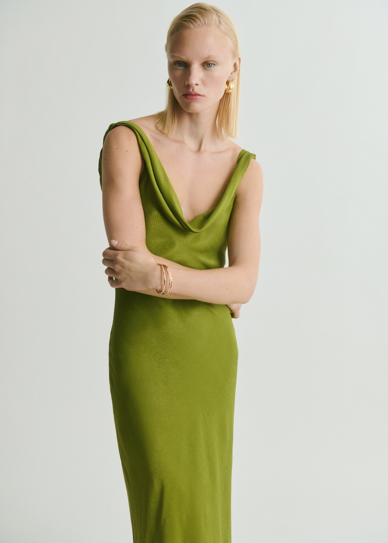 Textured dress with draped neckline - Women | MANGO United Kingdom | MANGO (UK)