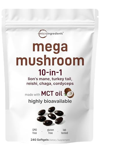 Micro Ingredients 10‑in‑1 Mega Mushroom Complex Supplement – Lions Mane, Cordyceps, Reishi, Chaga & More – 240 Softgels with MCT Oil – 4 Month Supply – Adaptogenic Functional Mushroom Blend | Amazon (US)