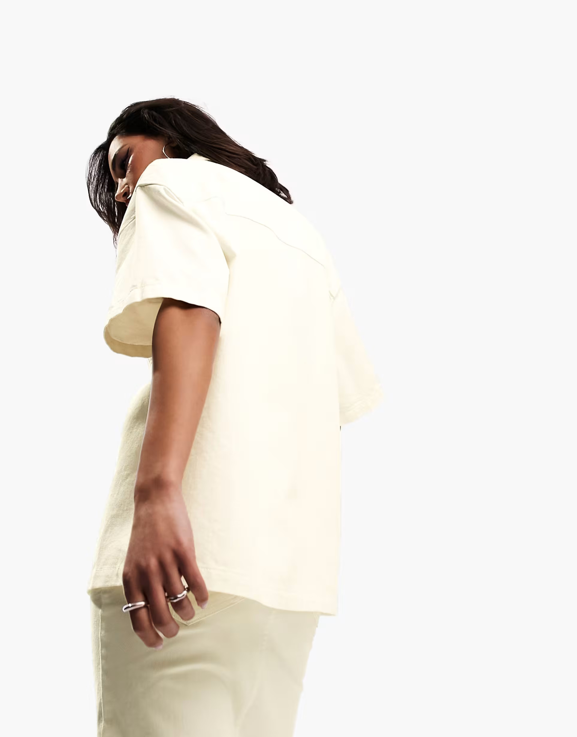 ASOS DESIGN denim long line shirt in ecru | ASOS (Global)