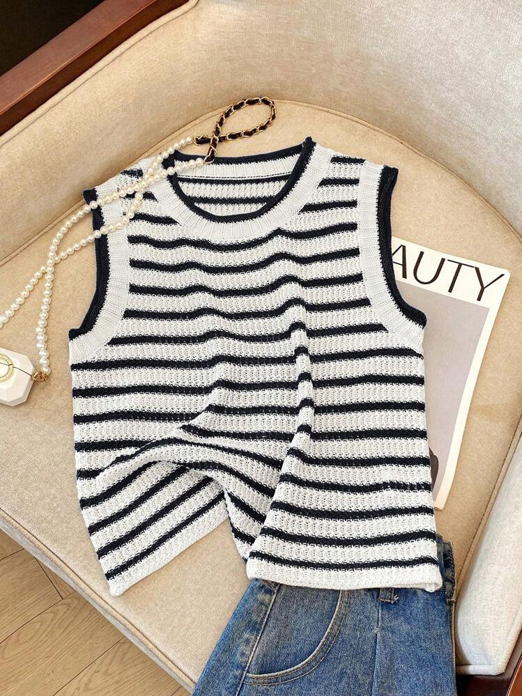 Franclia New Vintage Contrast Color Striped Knit Vest Design Cropped Sleeveless Sweater Vest For Women | SHEIN