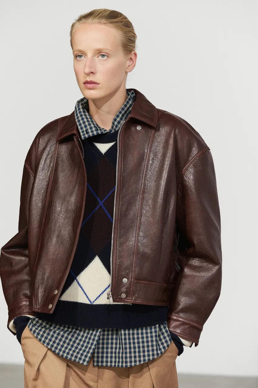 Pleated nappa leather jacket - BROWN | Massimo Dutti US
