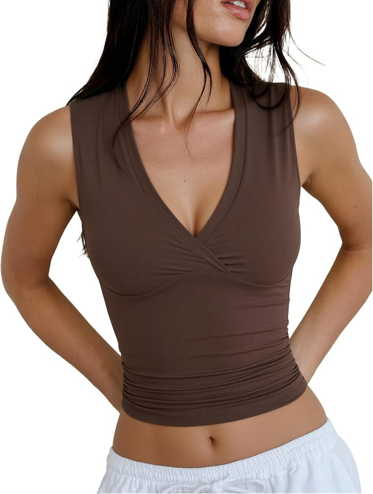 SUUKSESS Women Built in Bra V Neck Tank Tops Double Lined Summer Going Out Camisole Tops | Amazon (US)