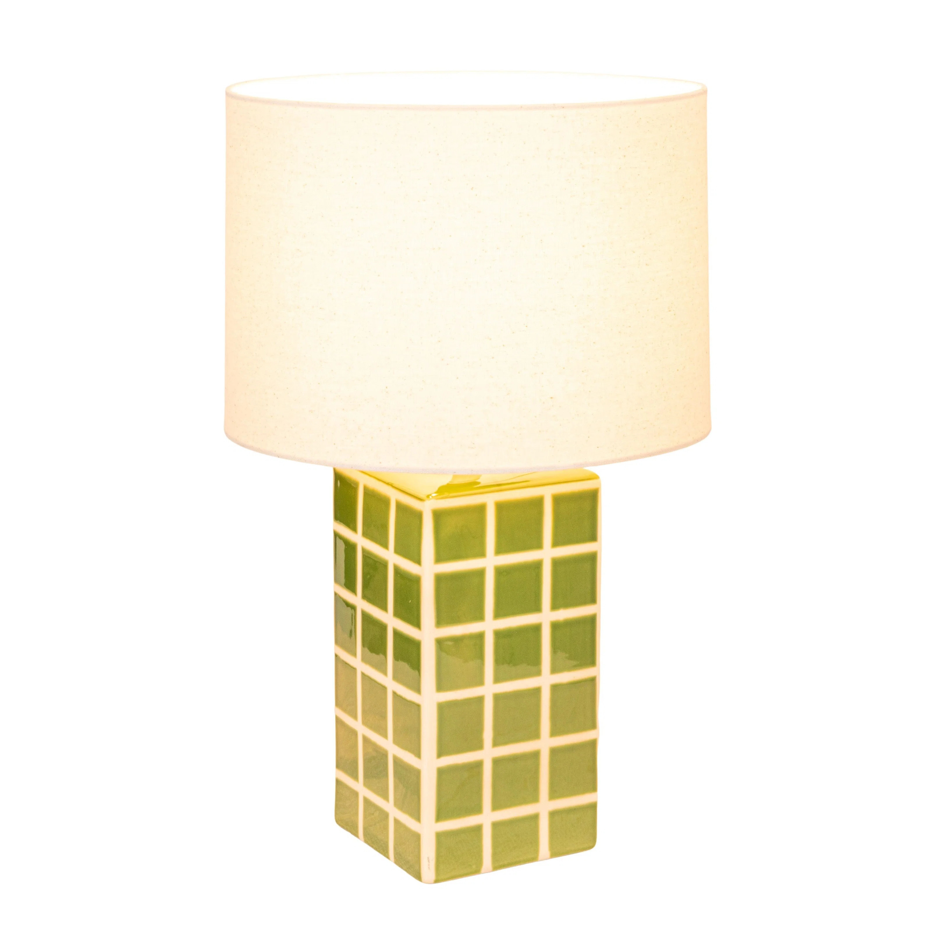 Zara Green Grid Stoneware Table Lamp with Linen Shade | Perigold