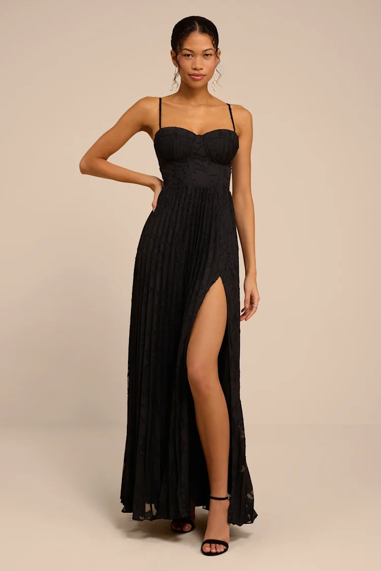 Dacie Black Floral Burnout Pleated Bustier Maxi Dress | Lulus