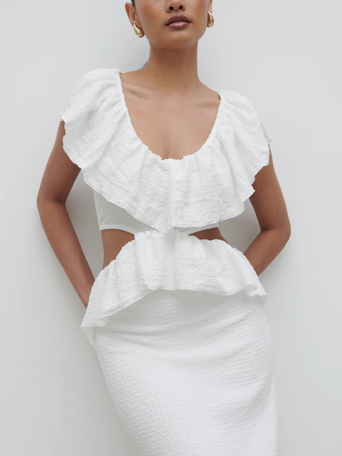 Ellis Crinkle Ruffle Jersey Dress - Cream | Pretty Lavish (UK)