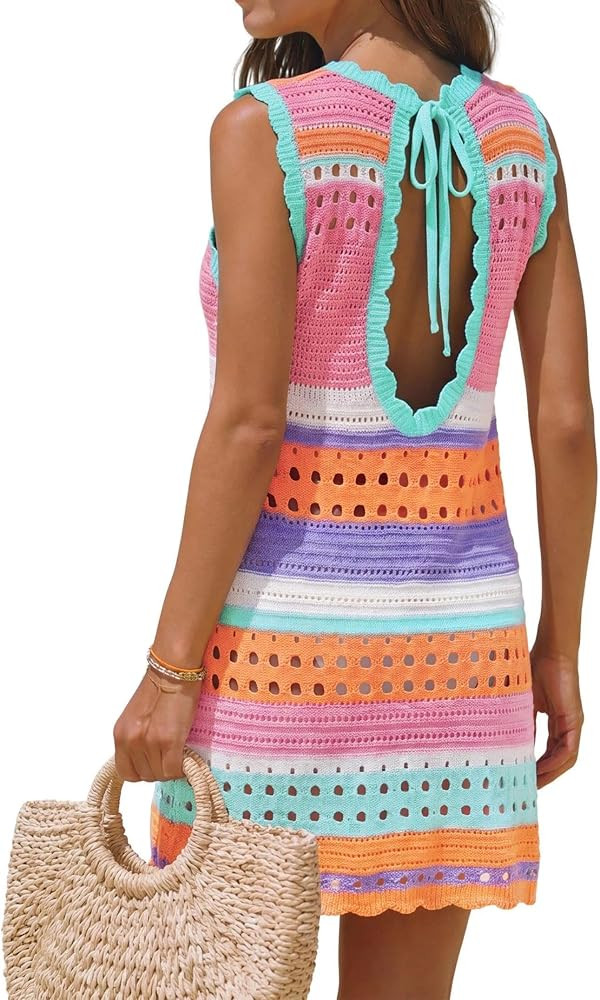 popvil Women\u2019s Swimsuit Crochet Cover Up Sleeveless Color Block Knit Bathing Suit Swimwear w... | Amazon (US)