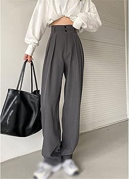 Ladies Trousers High Waist 2 Button Pleated Trousers Loose Office Work Vintage Bottoms | Amazon (US)