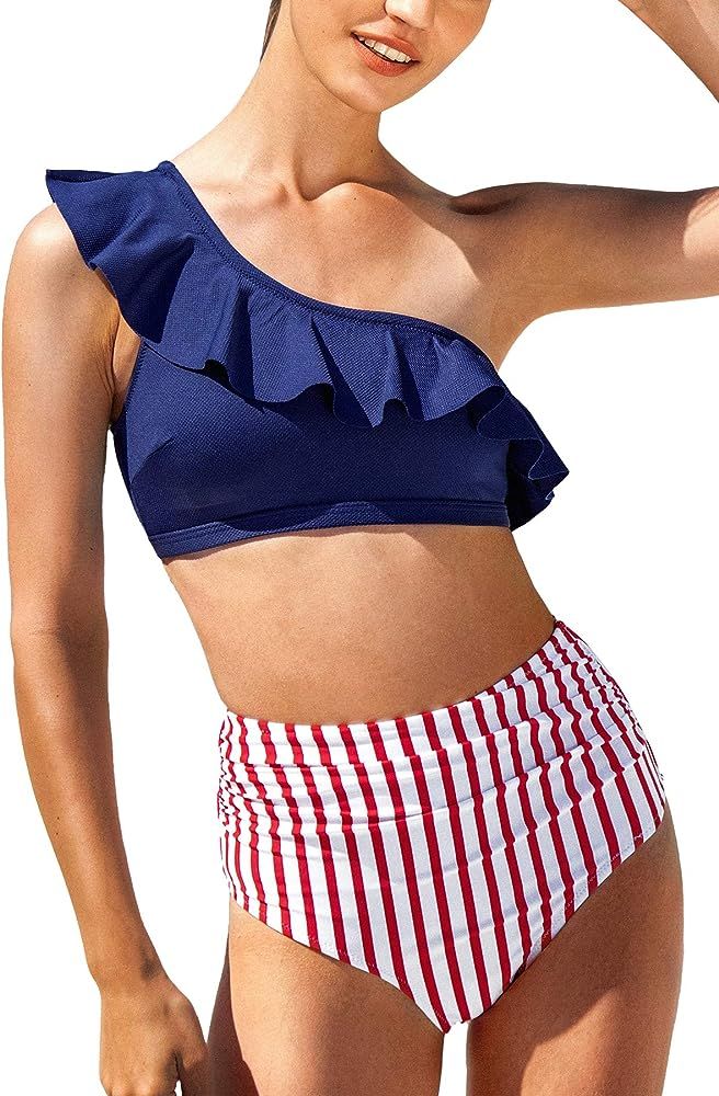 CUPSHE Women's High Waisted Bikini Swimsuit Ruffle One Shoulder Two Piece Bathing Suit | Amazon (US)