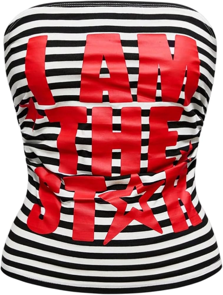 SOLY HUX Women's Y2k Striped Graphic Tube Top Strapless Fitted Bandeau Crop Tops Street Wear | Amazon (US)