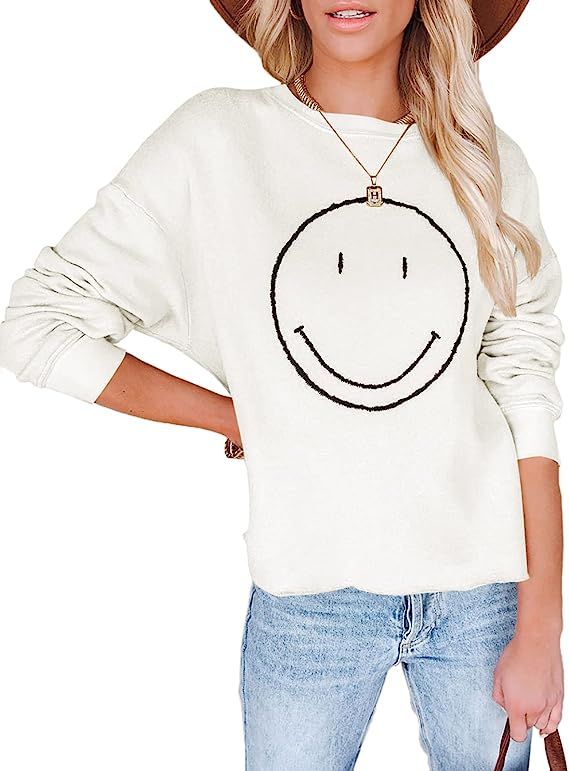 Womens Crewneck Smiley Face Sweatshirt Casual Long Sleeve Graphic Pullover Tops Shirts | Amazon (US)