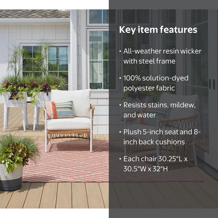 Better Homes & Gardens Lilah 2-Pack Outdoor Wicker Lounge Chairs, White | Walmart (US)