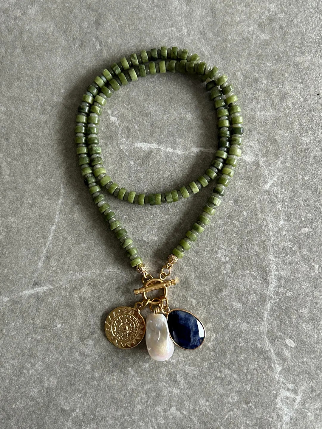 Green Beaded Multi Charm Baroque Pearl, Lapis Lazuli, Medallion Charm Necklace - Etsy | Etsy (Global)