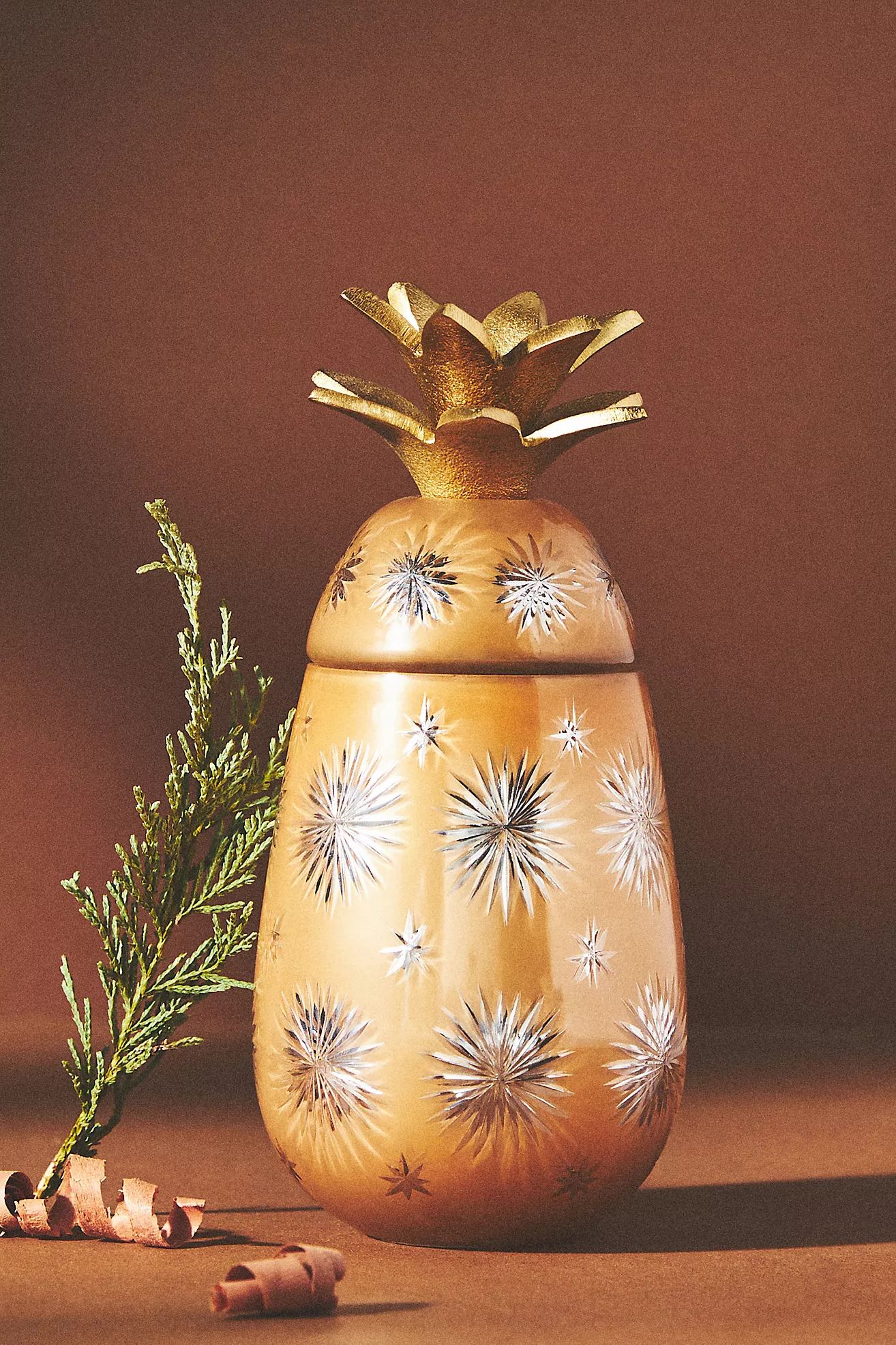 Etched Glass Woody Ambered Topaz Pineapple Candle | Anthropologie (US)