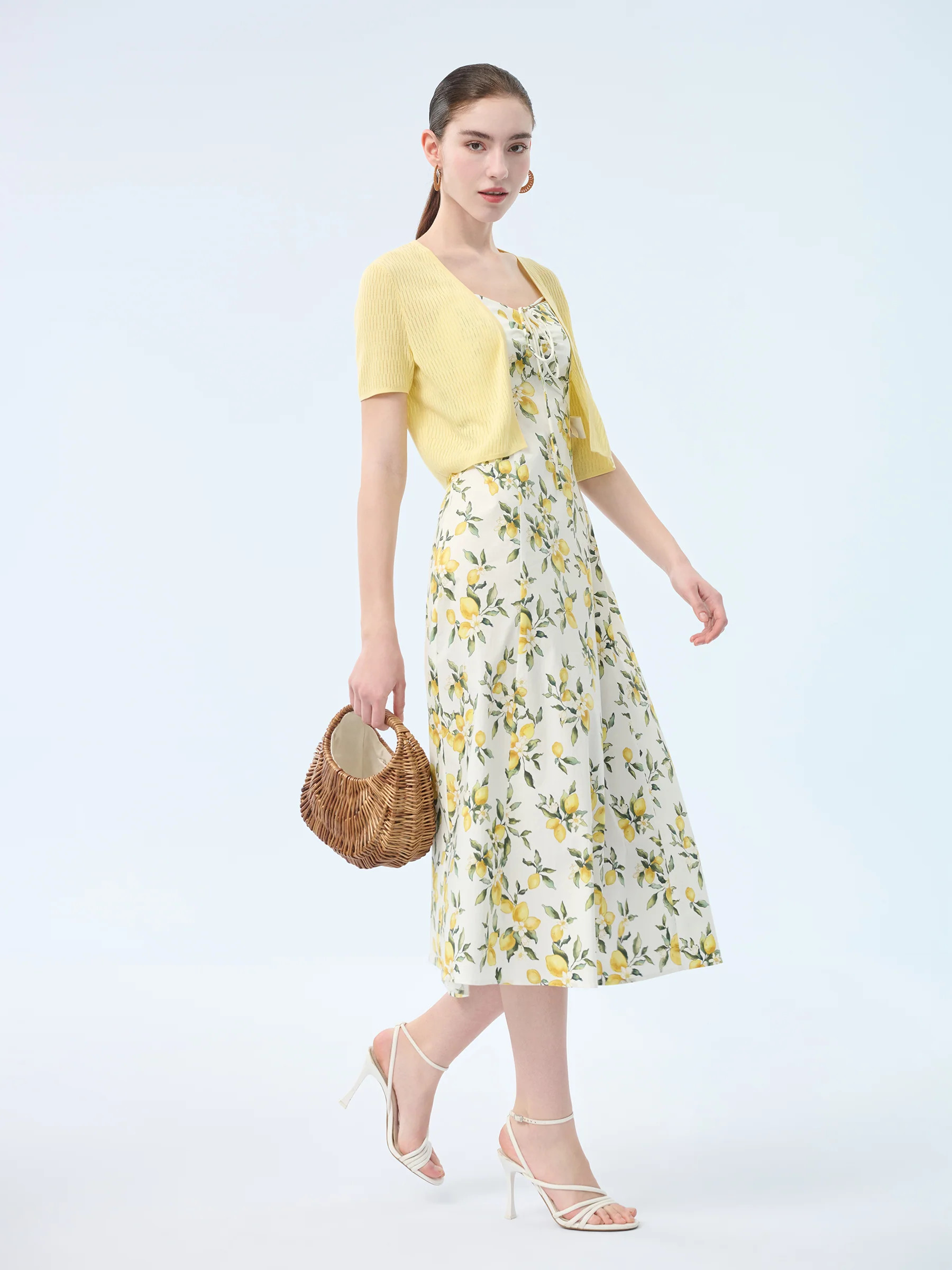 Cotton Lemon Print Strap Dress And Cardigan Two-Piece Set | GOELIA