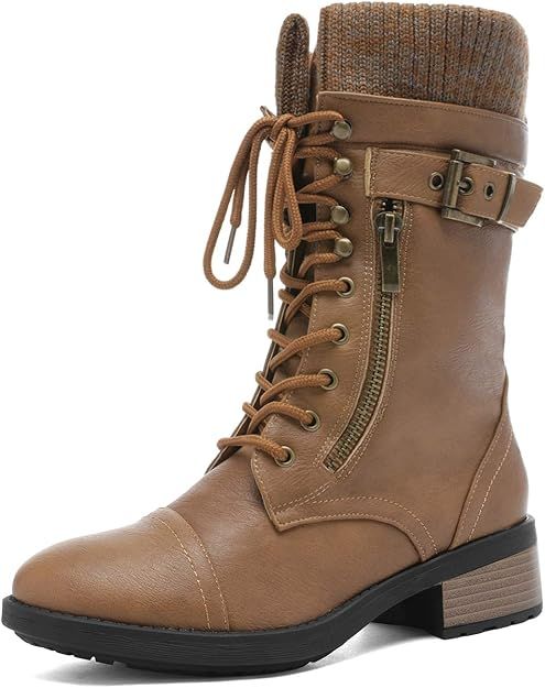 DREAM PAIRS Women's Winter Lace up Mid Calf Combat Riding Military Boots | Amazon (US)