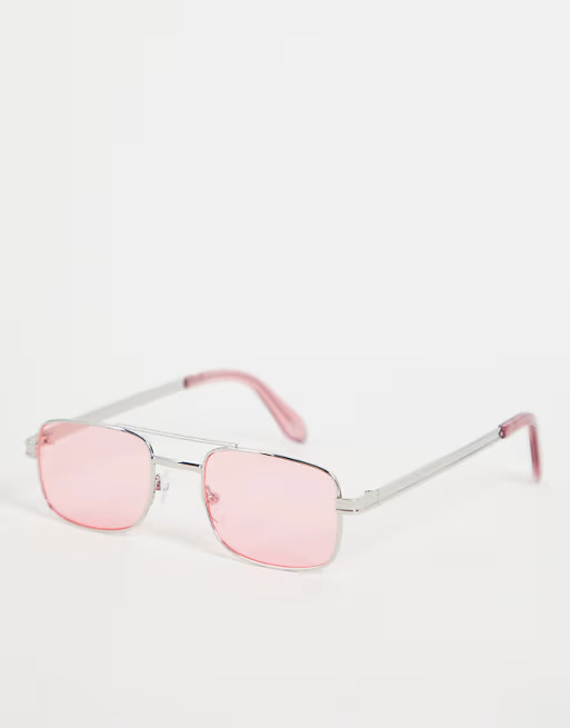 ASOS DESIGN slim aviator sunglasses in silver with pink lens | ASOS | ASOS (Global)
