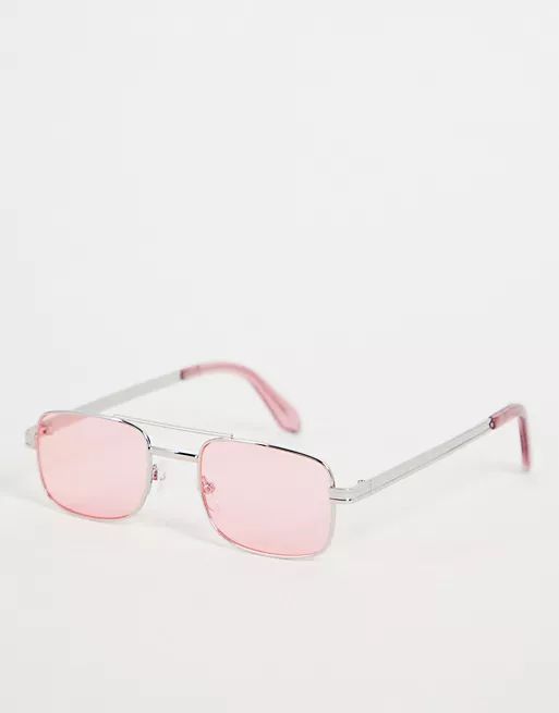 ASOS DESIGN slim aviator sunglasses in silver with pink lens | ASOS | ASOS (Global)