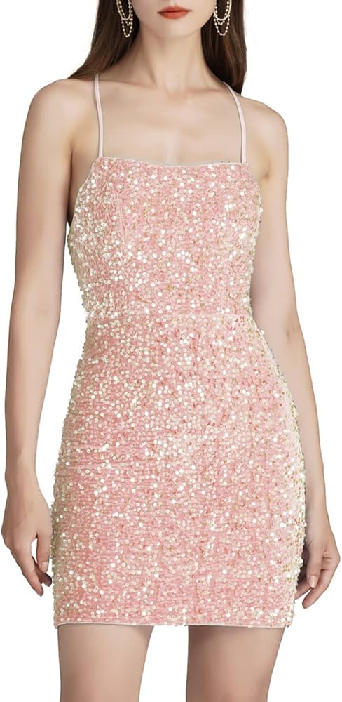 Women's Sparkly Velvet Sequins Scoop Neck Bodycon Mini Homecoming Dress Short Pom Dresses | Amazon (US)