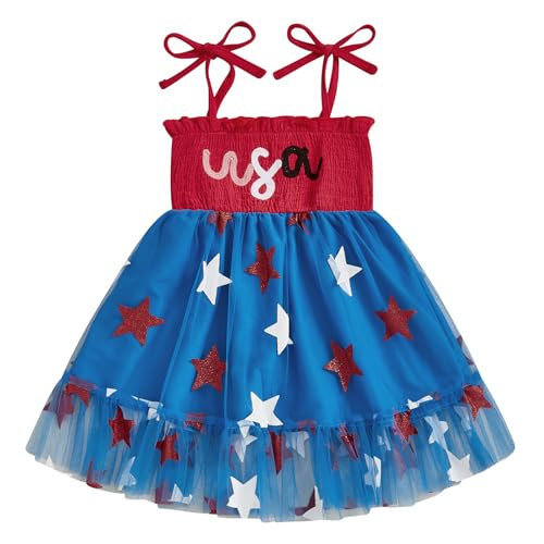 Kayotuas 4th of July Toddler Girl Outfit Smocked USA Dress Sleeveless Tie Strap Fouth of July Dresses Kids Patriotic Clothes (Red Blue Tutu, 2-3 Years) | Amazon (US)