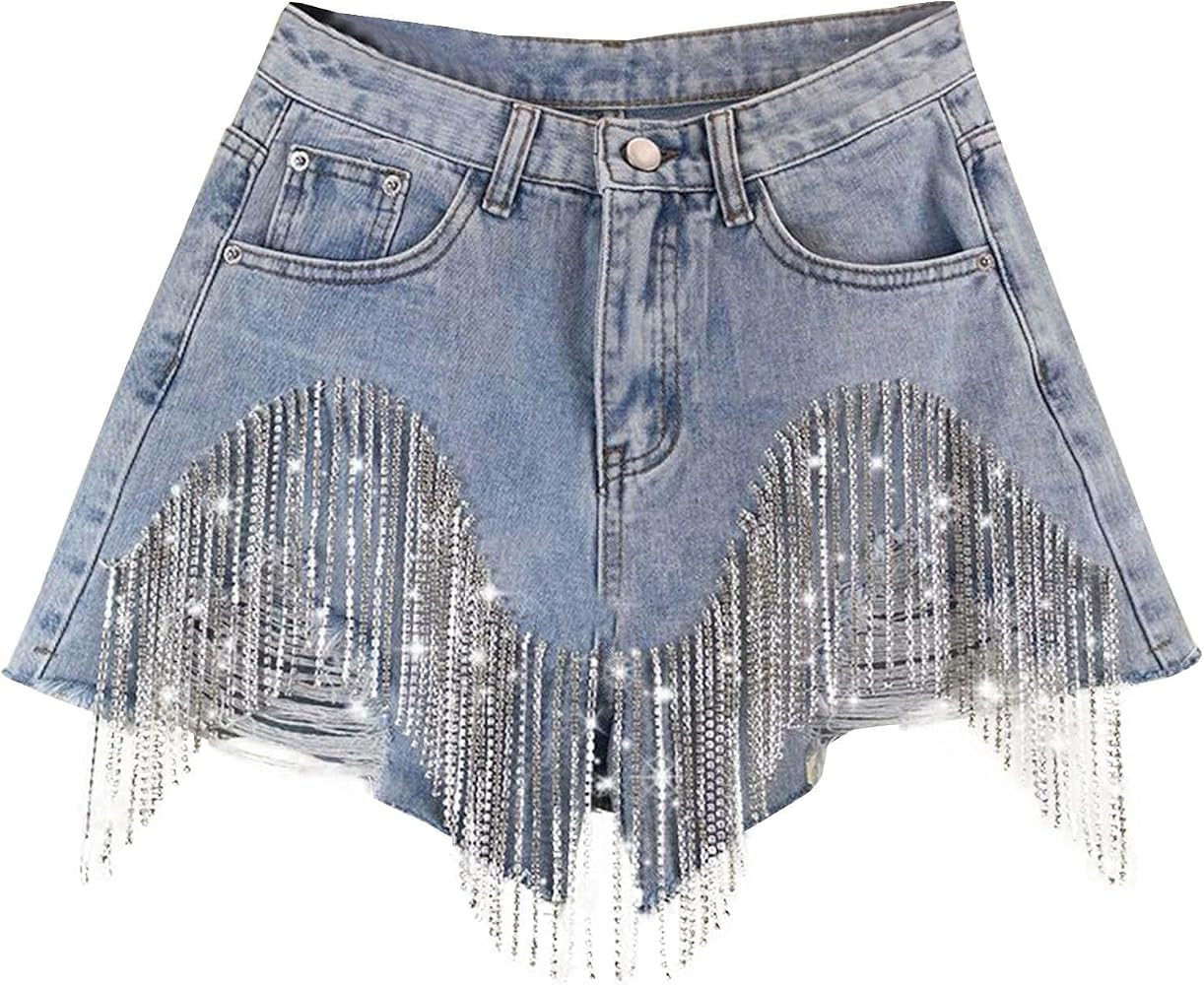 Women's Rhinestone Tassels Jean Shorts with Rhinestones Ripped Sparkly Denim Shorts High Waist Fr... | Amazon (US)