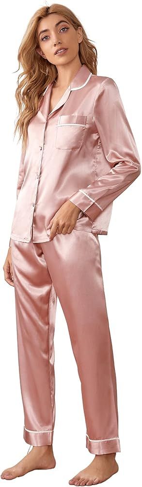 Romwe Women's 2 Piece Pajama Set Satin Button Down Shirt and Pants Pj Set Sleepwear | Amazon (US)