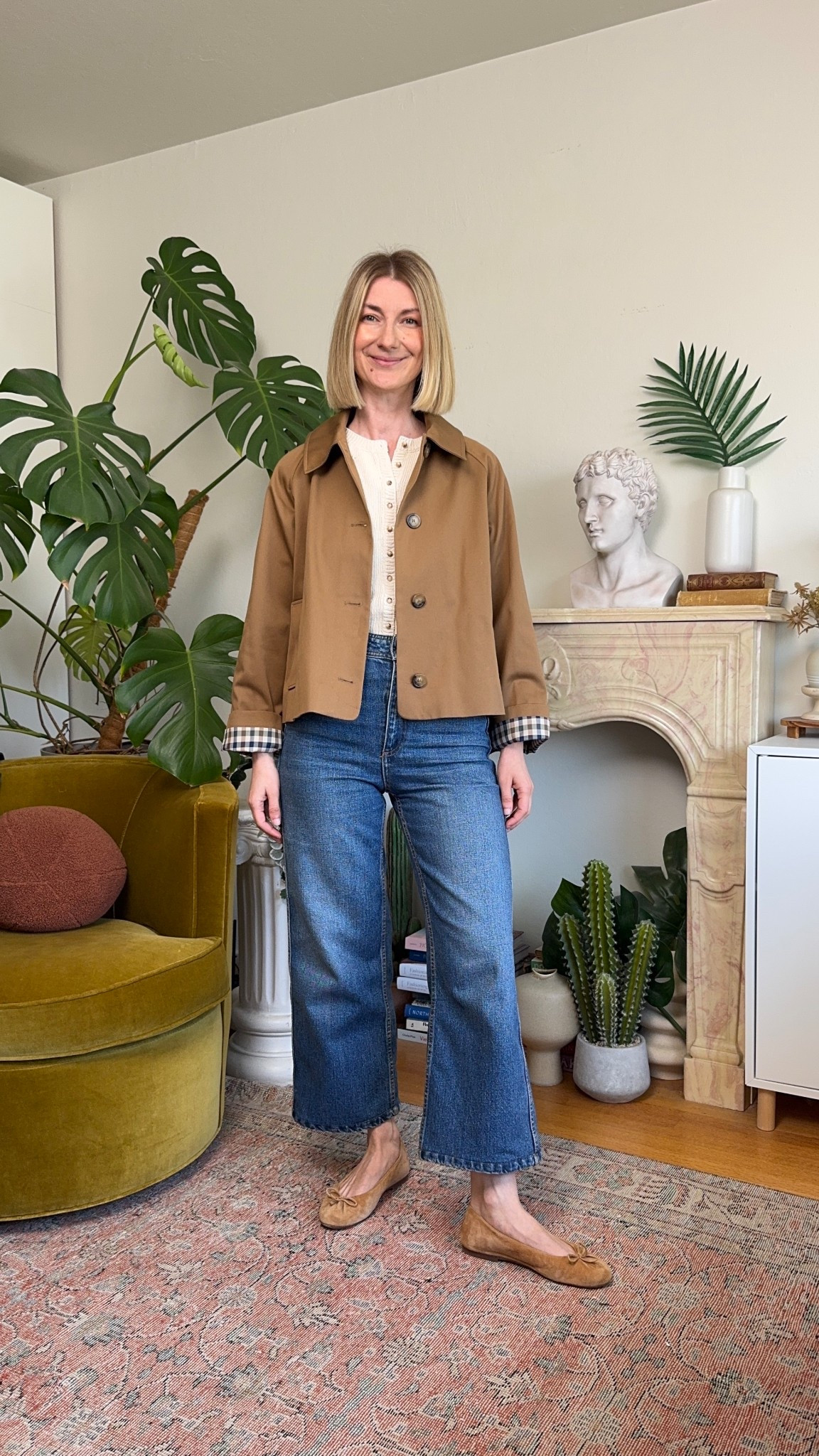 Sezane Bobby Trench Coat (cropped cape style trench coat), high waisted ankle length blue jeans and comfortable cushy flats ✨ Fall casual elegant everyday outfit 

#LTKWorkwear #LTKStyleTip