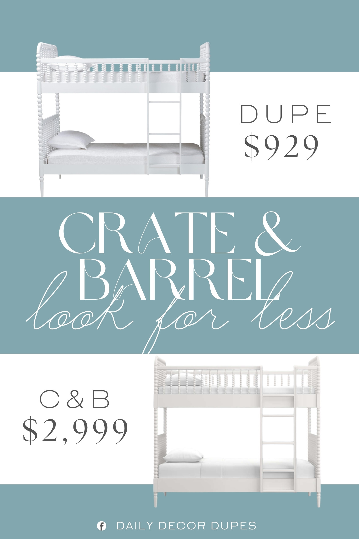This Crate & Barrel inspired white wood bunk bed features charming spindle details, built-in ladder access, and a classic twin-over-twin layout that makes great use of vertical space. The crisp white finish keeps the room feeling bright and airy, while the traditional design works beautifully with coastal, cottage, farmhouse, and timeless kids' room decor. At around $929, compared with the $2,999 designer version shown, it brings a polished look to a shared bedroom without overwhelming the space. 🛏️✨🏡

Home more affordable option find similar look for less budget friendly affordable cheap cheaper beautiful pretty. Clearance sale coupon code discount code promo code luxury Inspo inspiration inspired by idea ideas Love like these? I share multiple every day in my FB group.
#CrateAndBarrelInspired #WhiteBunkBed #KidsBunkBed #TwinBunkBed #WoodBunkBed #SpindleBunkBed #KidsBedroomFurniture #KidsRoomDecor 

 #LTKHome