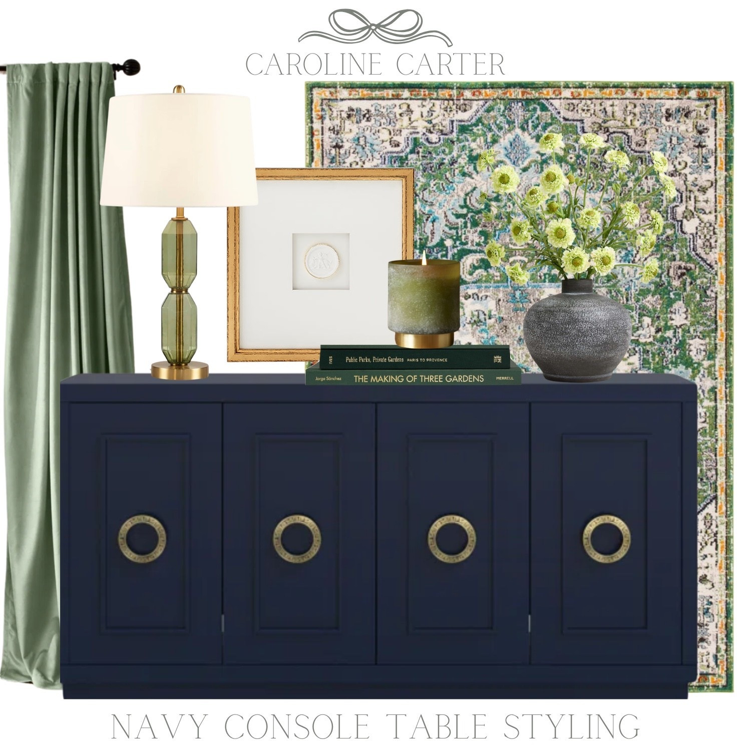 Navy console table styling with classic greens, gold accents, and timeless textures.

navy console table, entryway styling, grandmillennial decor, coastal grandmillennial, navy furniture, green and blue decor, traditional home, gold accents, rug layering, table lamp styling, framed art decor, classic home styling

#LTKHome #LTKSaleAlert