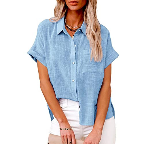 Linen Shirts for Women Short Sleeve Button Down Shirts Casual V Neck Tshirts Loose Work Tops Solid Color Blouses Sky Blue | Amazon (US)