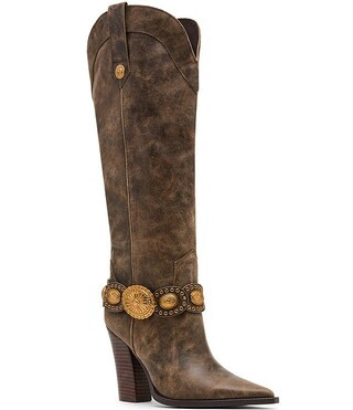 Kelsee Distressed Leather Western Belt Hardware Knee High Western Boots | Dillard's