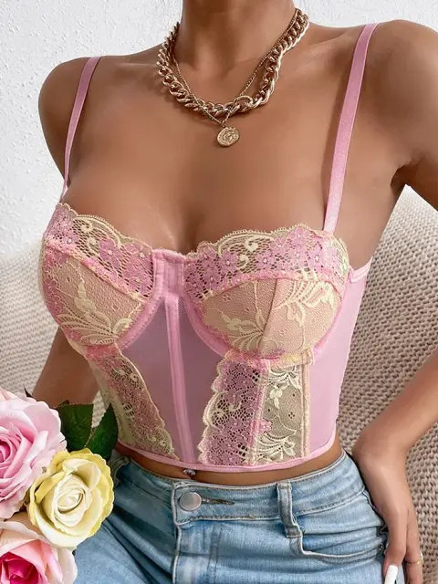 Floral Embroidery See-through Eyelash Lace Corset | ZAFUL (Global)