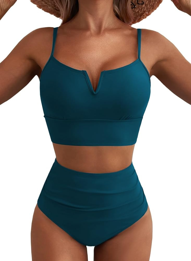 Herseas High Waisted Bikini Sets for Women - V Wire Two Piece Swimsuits Swim Suits 2026 Tummy Con... | Amazon (US)