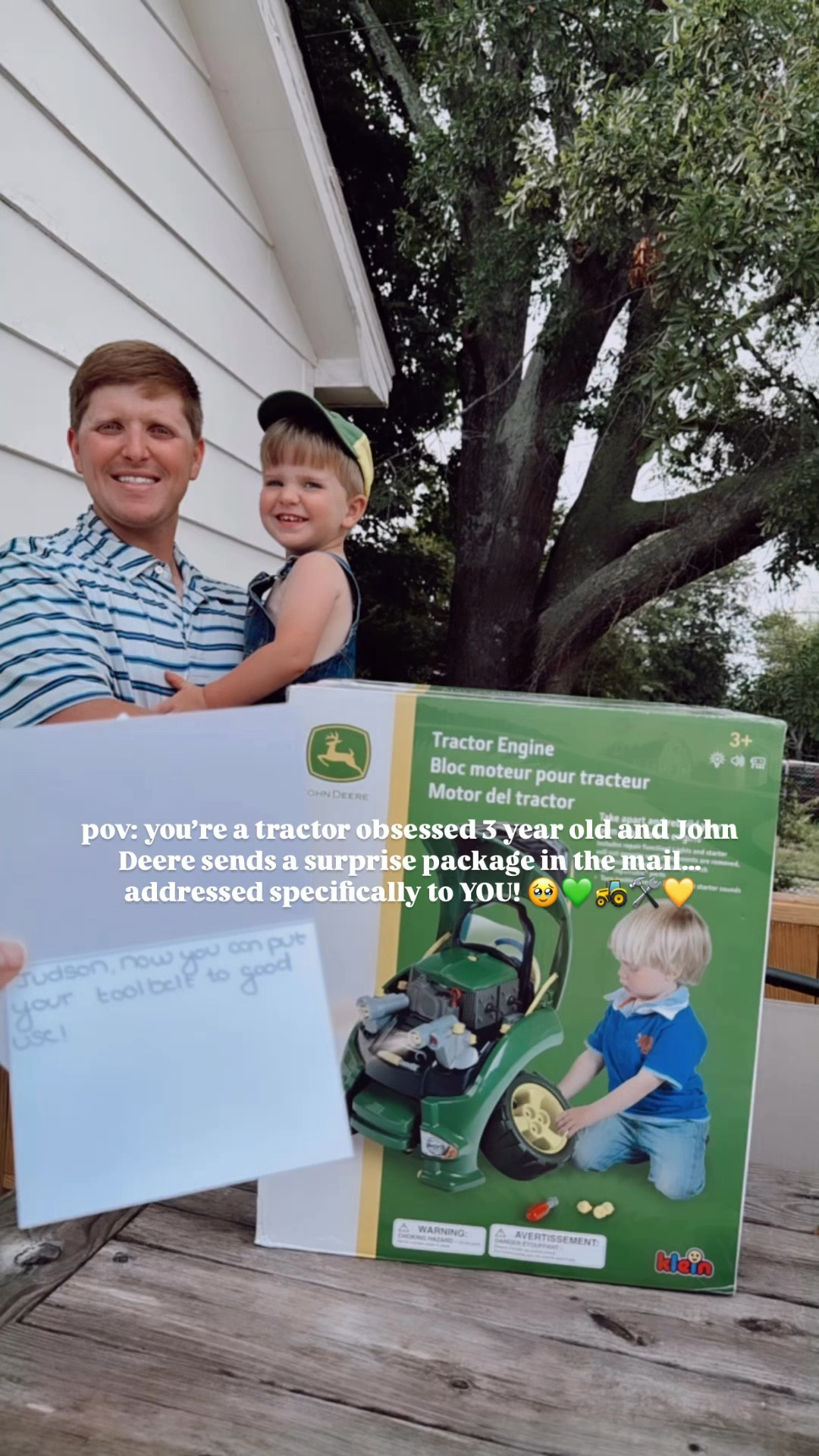 Well this was a neat surprise package this evening 🤭📦… @johndeere 💚🚜💛 (as in JOHN DEERE y’all!! 🤯) sent Judson a personalized note 💌 and brand new “premium engine toy” 🛠️ in the mail 📬 after seeing him in his John Deere toolbelt 🔨🧰 the other day!! 😍 I mean… HOW STINKIN’ SWEET!!! 🥹 #johndeere #sosweet #surprisepackage 

John Deere, you will forever have our sweet little Judson’s love after this core childhood memory he will always remember 💚🚜💛 - and according to Sweet Baby Levi Rhett’s smile (in the video 🤭) - our second baby boy’s too once he’s old enough to play!! 🫶🏽 

Here’s to raising all of these #littlecountryboys with you @wesmabry and as we chase our dreams out on our 15 acre farm sweet farm!!! 🚜💚🌾💛 John Deere, we are so excited to have y’all along for the ride (and yes, @wesmabry bushhogs our land with an old John Deere tractor (that Judson loves to ride on)… so we have raised Judson up right 🤪)!!! 🙌🏽💫 #johndeeregreen #johndeeretractor #johndeerekids #johndeereforever 

THANK YOU, JOHN DEERE!!! 🥹💚🚜💛

#LTKKids #LTKFamily #LTKBaby