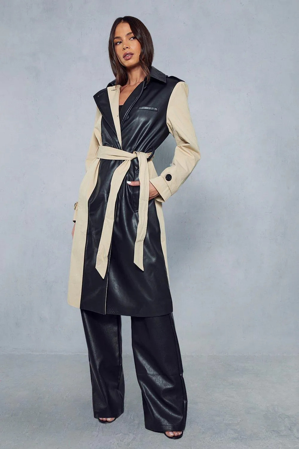 Contrast Woven Leather Look Panelled Trench Coat | Debenhams UK