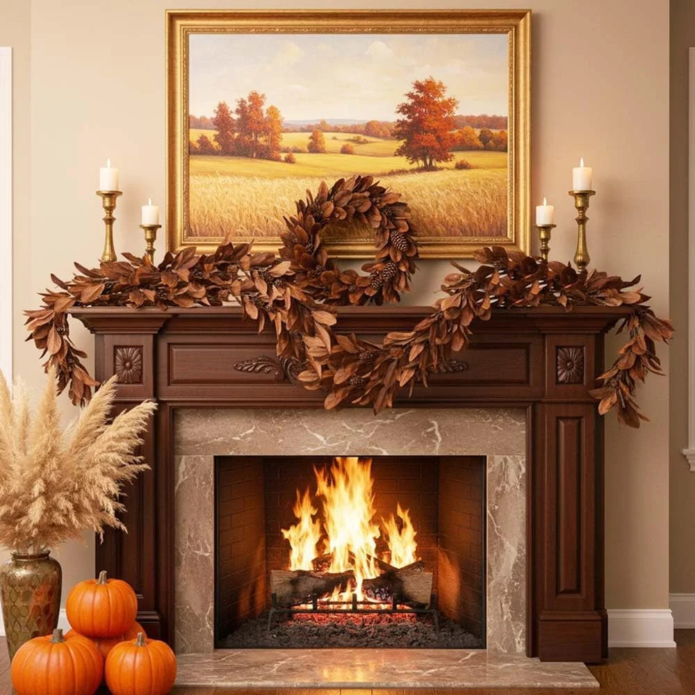 6FT Brown Retro Style Magnolia Leaf Garland, Real Touch Artificial Garlands with Pinecones, Faux ... | Walmart (US)