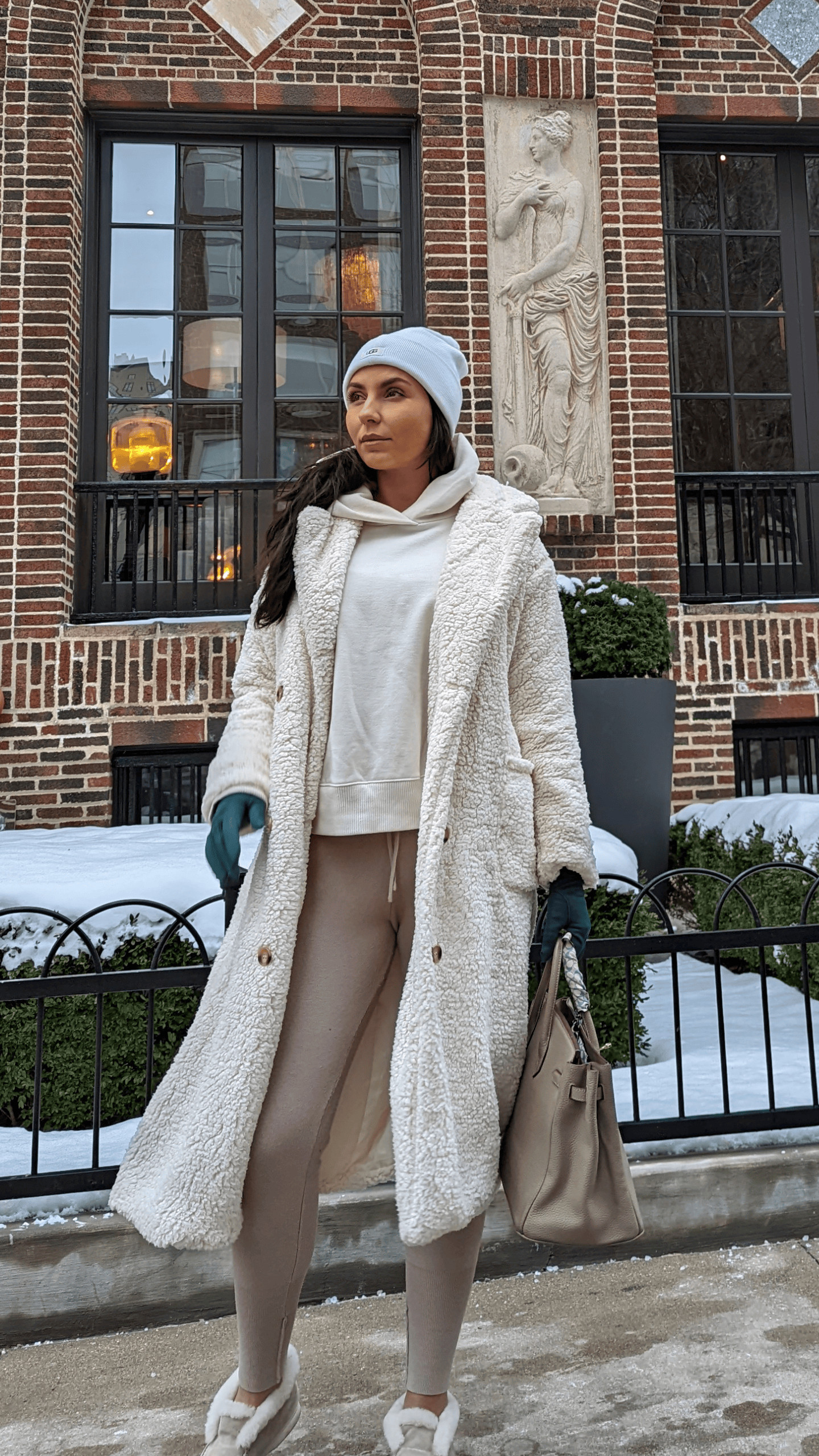 Cozy winter chic! Layered up in my favorite sherpa coat and neutral loungewear set. Shop this look! #winterstyle #loungewear #neutralfashion 

 #LTKHoliday #LTKdayinmylife #LTKootd