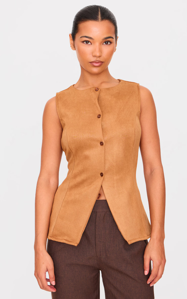 Tan Longline Faux Suede Vest | PrettyLittleThing US