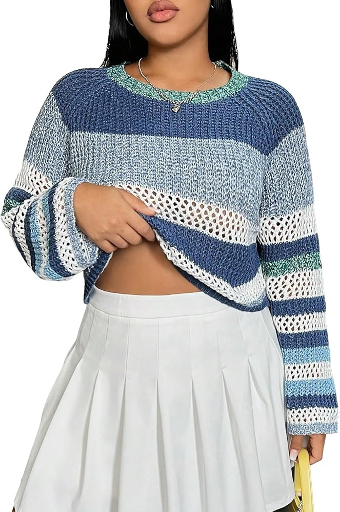 MakeMeChic Women's Y2K Long Sleeve Sweaters Round Neck Striped Pattern Drop Shoulder Sweater Pull... | Amazon (US)